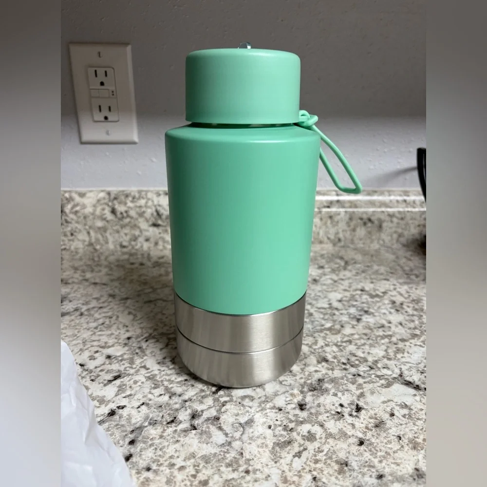 Mint Green and Silver Insulated Bottle 34oz. Pet/human water and feeder.